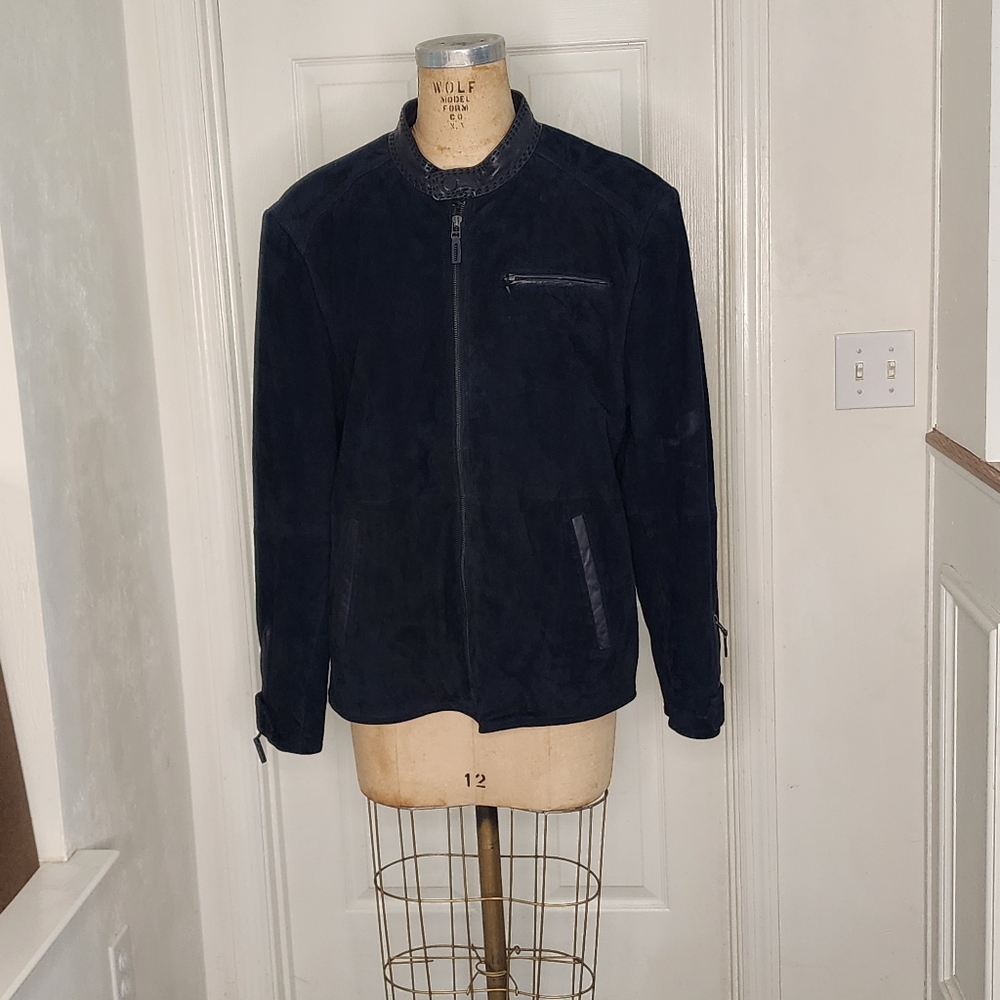 NWT Comstock Dk Navy (Looks Black) Mens Suede/leather Jacket.  Great Detail!‎ Lg
